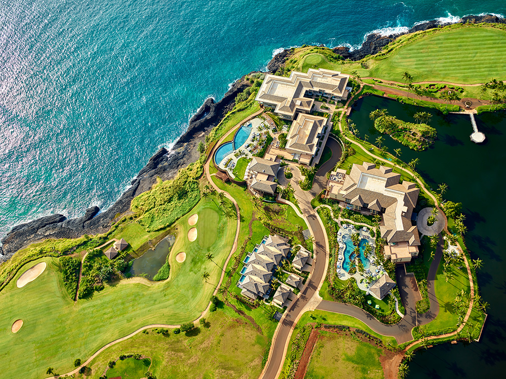 Overhead view of Timbers Kauai. This oceanfront development offers luxury two to four bedroom residences for sale.